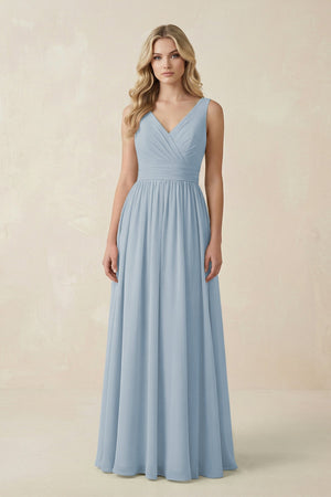 V - Neck A - Line Bridesmaid Dress with Back Bow in Dusty Blue - SHE IS ME Bridesmaid Dresses
