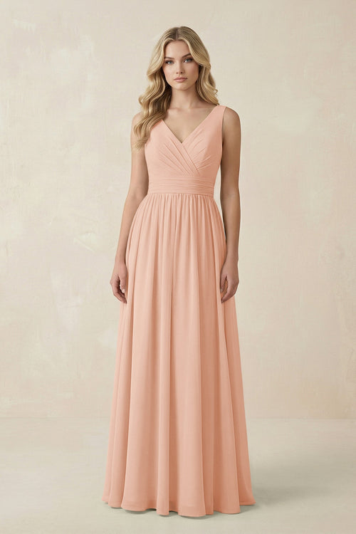 V - Neck A - Line Bridesmaid Dress with Back Bow in English Rose - SHE IS ME Bridesmaid Dresses