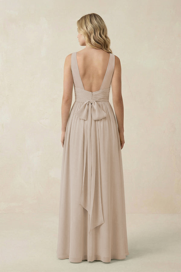 V - Neck A - Line Bridesmaid Dress with Back Bow in Frost - SHE IS ME Bridesmaid Dresses