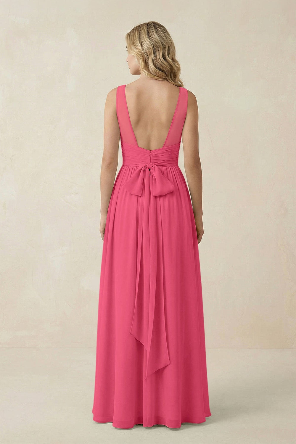 V - Neck A - Line Bridesmaid Dress with Back Bow in Fuchsia - SHE IS ME Bridesmaid Dresses