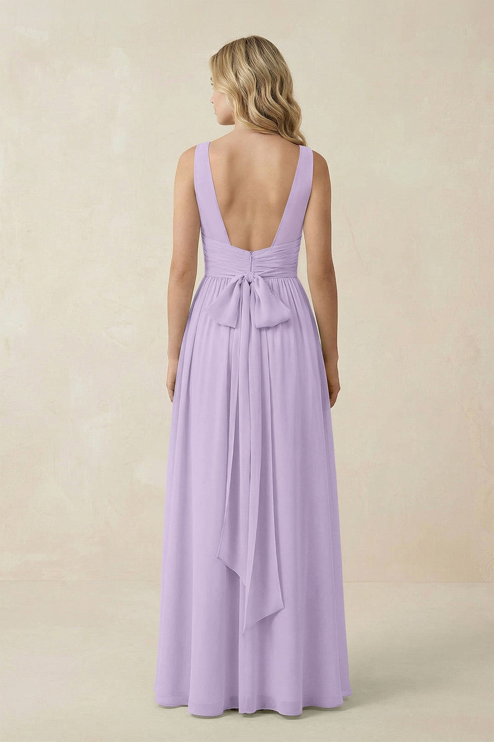 V - Neck A - Line Bridesmaid Dress with Back Bow in Lavender - SHE IS ME Bridesmaid Dresses