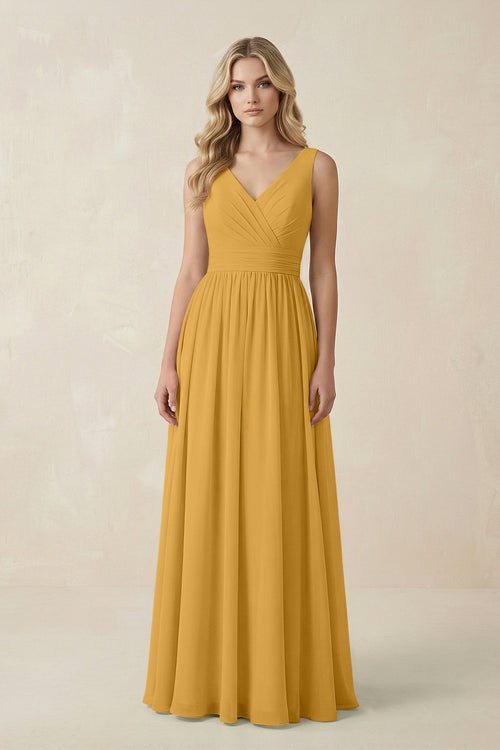 V - Neck A - Line Bridesmaid Dress with Back Bow in Marigold - SHE IS ME Bridesmaid Dresses