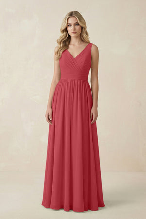 V - Neck A - Line Bridesmaid Dress with Back Bow in Merlot - SHE IS ME Bridesmaid Dresses