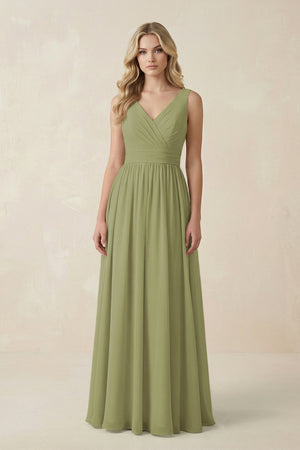 V - Neck A - Line Bridesmaid Dress with Back Bow in Moss Green - SHE IS ME Bridesmaid Dresses
