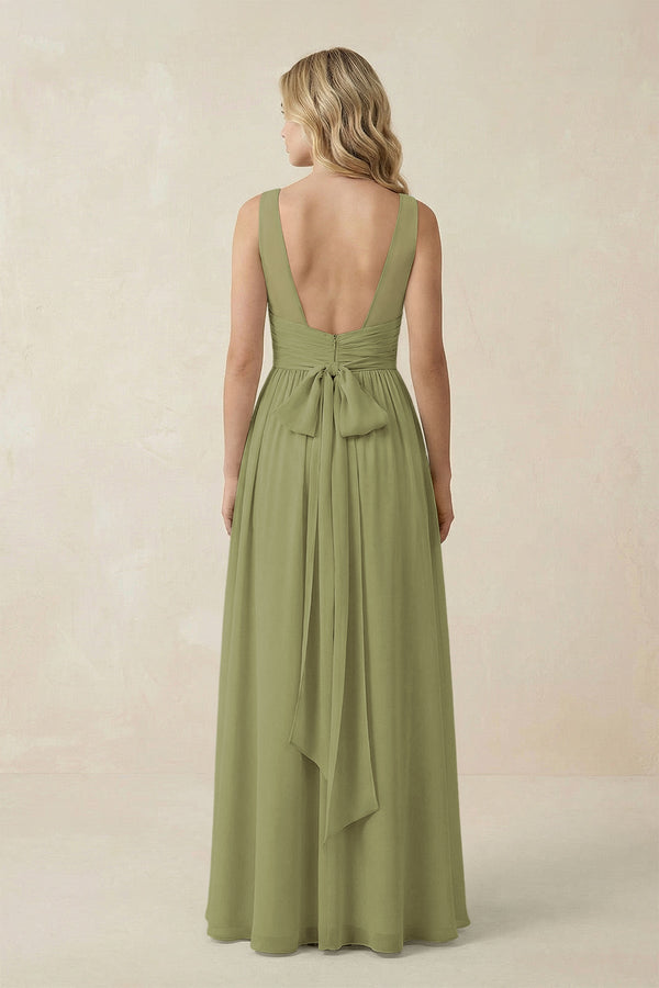 V - Neck A - Line Bridesmaid Dress with Back Bow in Moss Green - SHE IS ME Bridesmaid Dresses