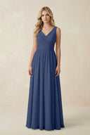 V - Neck A - Line Bridesmaid Dress with Back Bow in Navy - SHE IS ME Bridesmaid Dresses