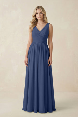 V - Neck A - Line Bridesmaid Dress with Back Bow in Navy - SHE IS ME Bridesmaid Dresses