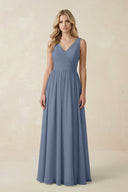 V - Neck A - Line Bridesmaid Dress with Back Bow in Neptune - SHE IS ME Bridesmaid Dresses