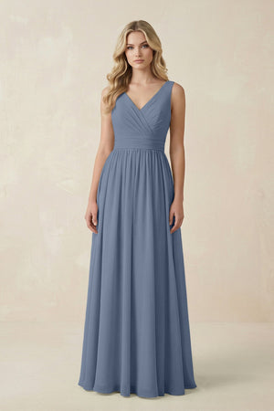 V - Neck A - Line Bridesmaid Dress with Back Bow in Neptune - SHE IS ME Bridesmaid Dresses