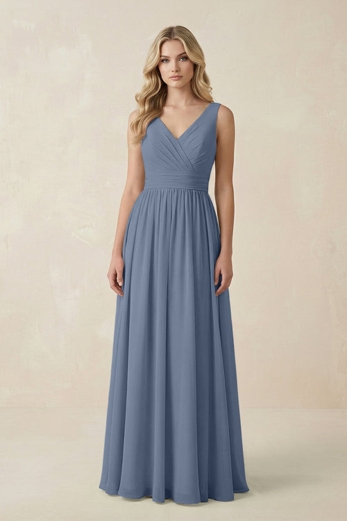 V - Neck A - Line Bridesmaid Dress with Back Bow in Neptune - SHE IS ME Bridesmaid Dresses