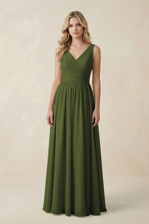 V - Neck A - Line Bridesmaid Dress with Back Bow in Olive - SHE IS ME Bridesmaid Dresses