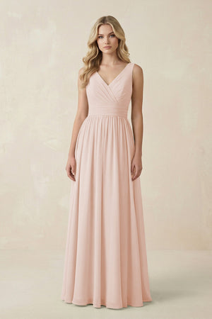 V - Neck A - Line Bridesmaid Dress with Back Bow in Pale Blush - SHE IS ME Bridesmaid Dresses