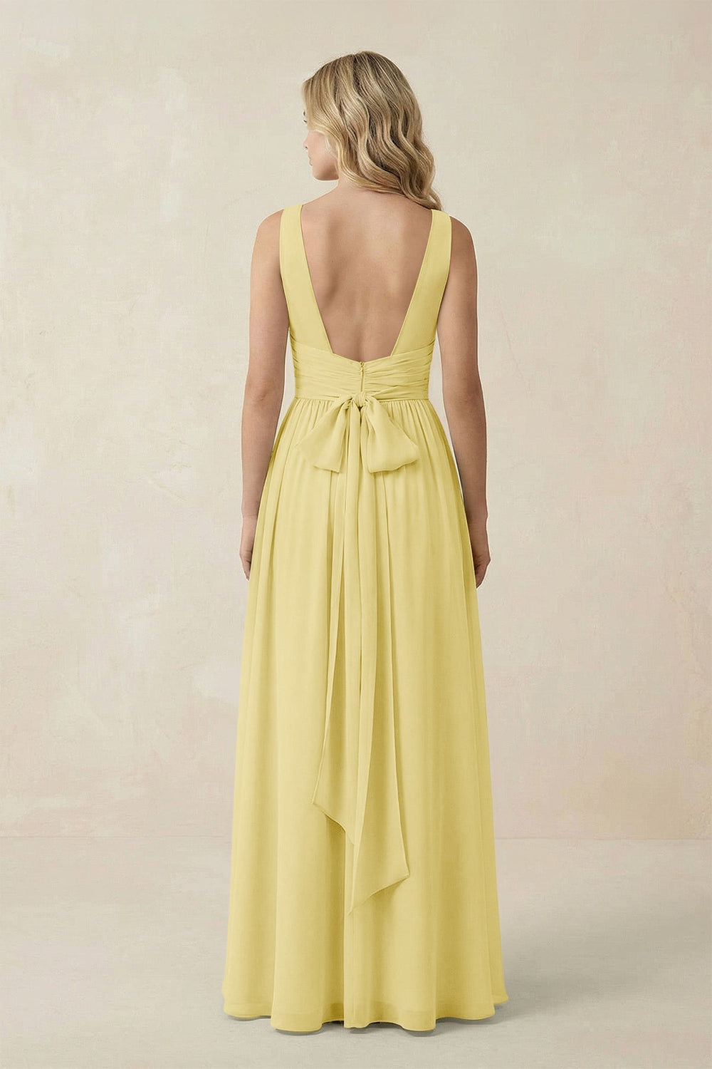 V - Neck A - Line Bridesmaid Dress with Back Bow in Pastel Yellow - SHE IS ME Bridesmaid Dresses