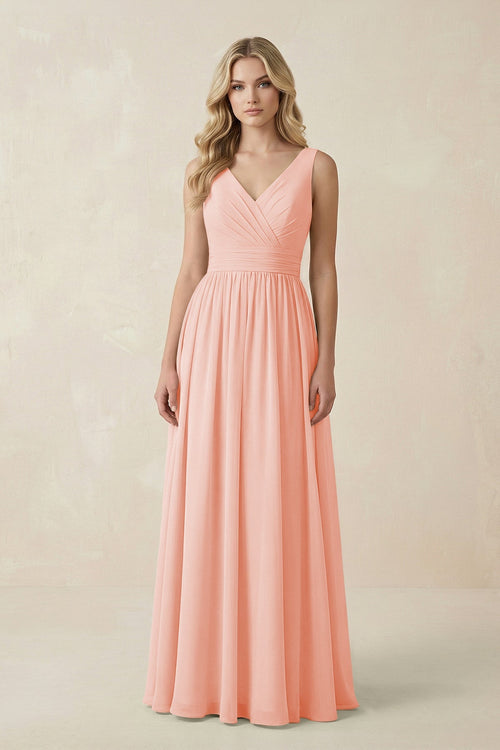 V - Neck A - Line Bridesmaid Dress with Back Bow in Rose Petal - SHE IS ME Bridesmaid Dresses
