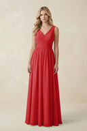 V - Neck A - Line Bridesmaid Dress with Back Bow in Ruby Red - SHE IS ME Bridesmaid Dresses