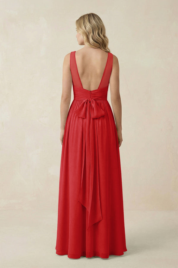 V - Neck A - Line Bridesmaid Dress with Back Bow in Ruby Red - SHE IS ME Bridesmaid Dresses