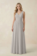 V - Neck A - Line Bridesmaid Dress with Back Bow in Silver - SHE IS ME Bridesmaid Dresses
