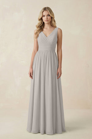 V - Neck A - Line Bridesmaid Dress with Back Bow in Silver - SHE IS ME Bridesmaid Dresses