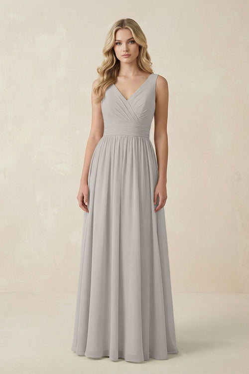 V - Neck A - Line Bridesmaid Dress with Back Bow in Silver - SHE IS ME Bridesmaid Dresses