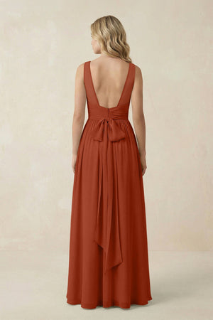V - Neck A - Line Bridesmaid Dress with Back Bow in Spice - SHE IS ME Bridesmaid Dresses