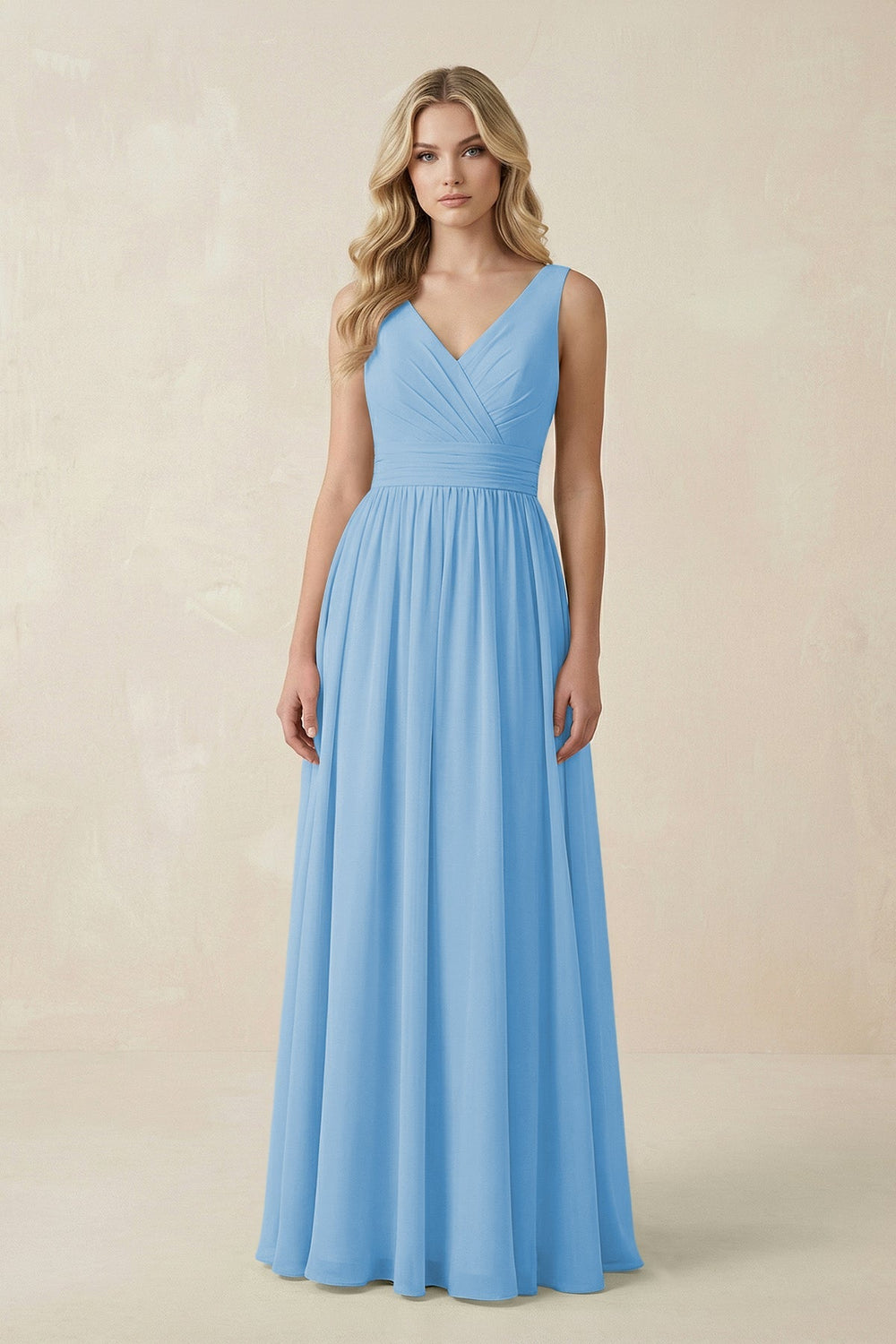 V - Neck A - Line Bridesmaid Dress with Back Bow in Steel Blue - SHE IS ME Bridesmaid Dresses