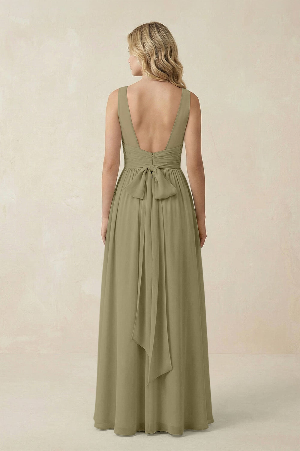 V - Neck A - Line Bridesmaid Dress with Back Bow in Thyme - SHE IS ME Bridesmaid Dresses