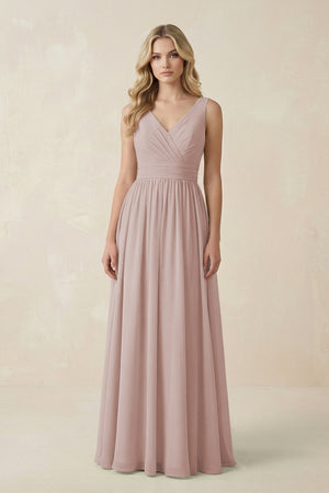 V - Neck A - Line Bridesmaid Dress with Back Bow in Toffee - SHE IS ME Bridesmaid Dresses