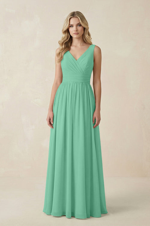 V - Neck A - Line Bridesmaid Dress with Back Bow in Turquoise - SHE IS ME Bridesmaid Dresses