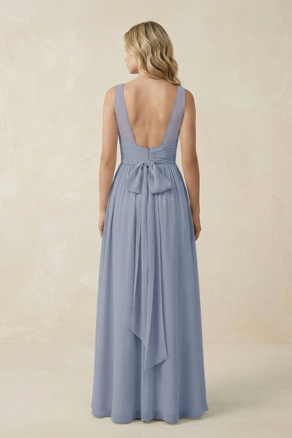 V - Neck A - Line Bridesmaid Dress with Back Bow in Twilight - SHE IS ME Bridesmaid Dresses