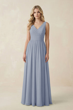 V - Neck A - Line Bridesmaid Dress with Back Bow in Twilight - SHE IS ME Bridesmaid Dresses