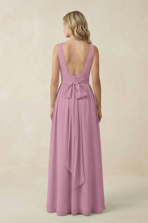 V - Neck A - Line Bridesmaid Dress with Back Bow in Vintage Mauve - SHE IS ME Bridesmaid Dresses