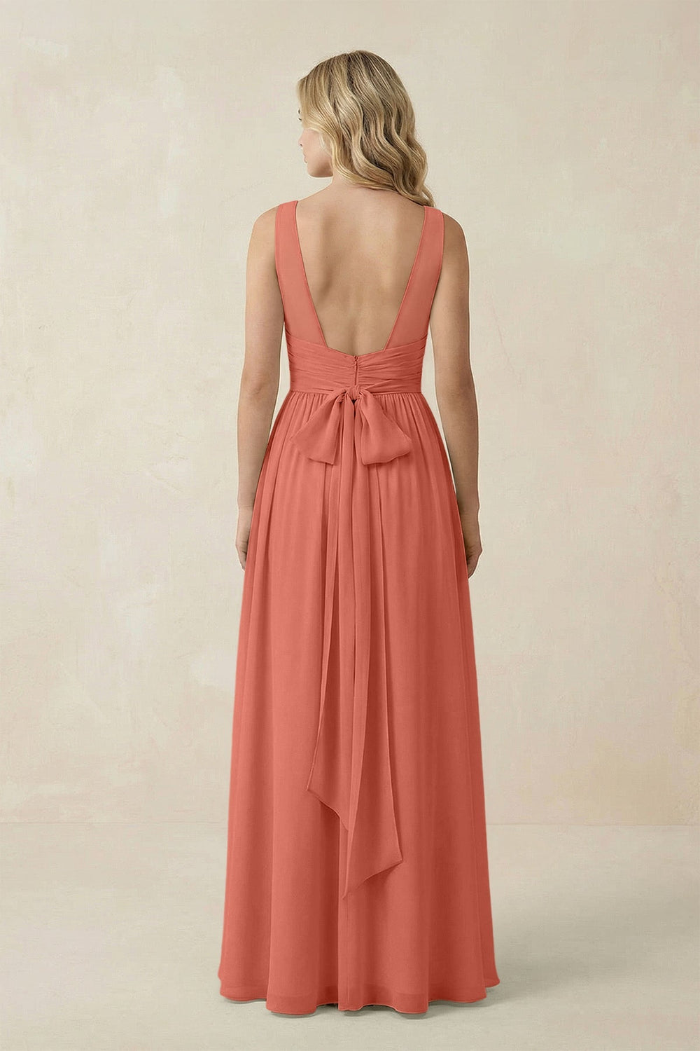 V - Neck A - Line Bridesmaid Dress with Back Bow in Wild Rose - SHE IS ME Bridesmaid Dresses