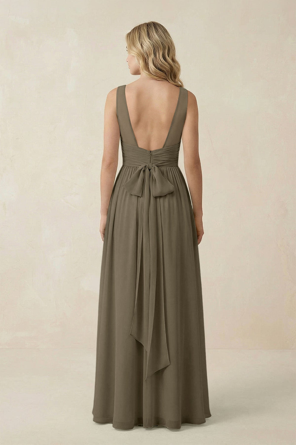 V - Neck A - Line Bridesmaid Dress with Back Bow in Willow Green - SHE IS ME Bridesmaid Dresses