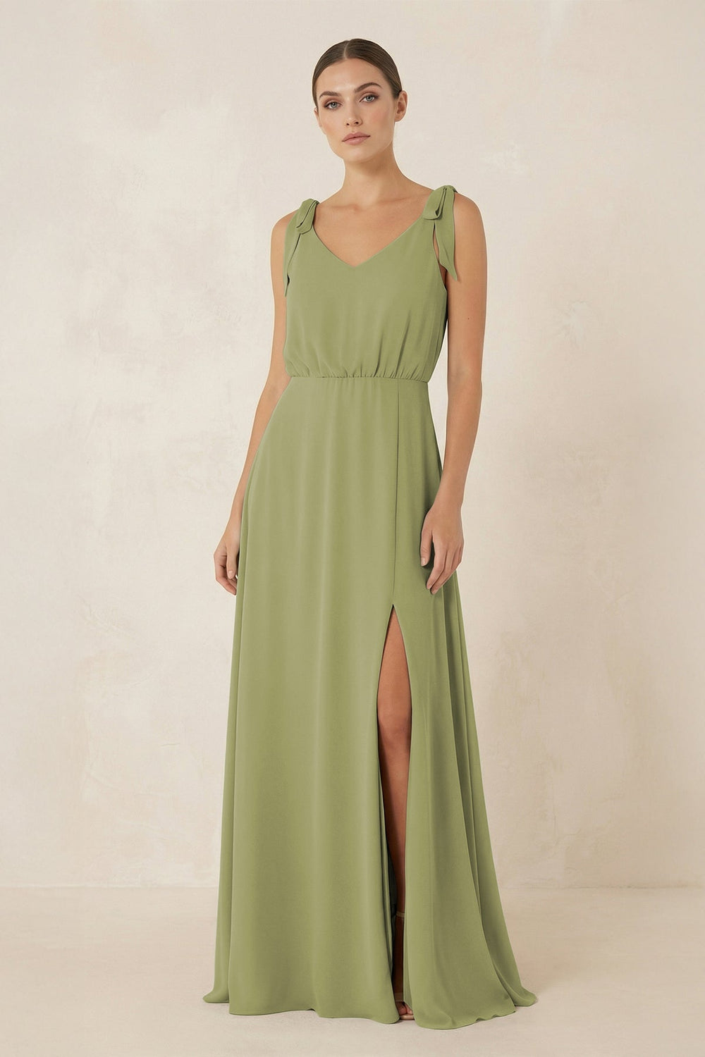 V-Neck A-Line Chiffon Bridesmaid Dress in Moss Green - SHE IS ME BRIDESMAID DRESSES