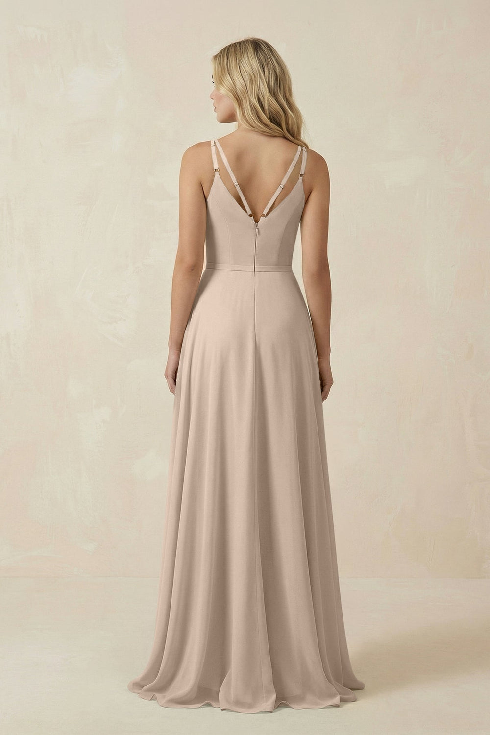 V - Neck A - Line Chiffon Bridesmaid Dress with Crisscross Back in Almond - SHE IS ME Bridesmaid Dresses
