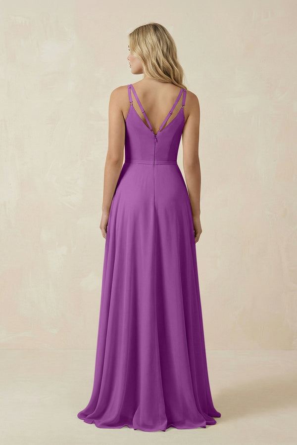 V - Neck A - Line Chiffon Bridesmaid Dress with Crisscross Back in Amethyst - SHE IS ME Bridesmaid Dresses
