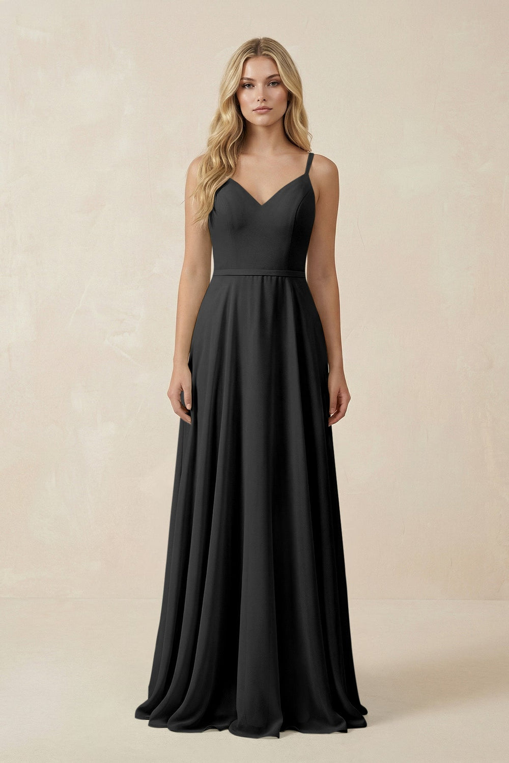 V - Neck A - Line Chiffon Bridesmaid Dress with Crisscross Back in Black - SHE IS ME Bridesmaid Dresses
