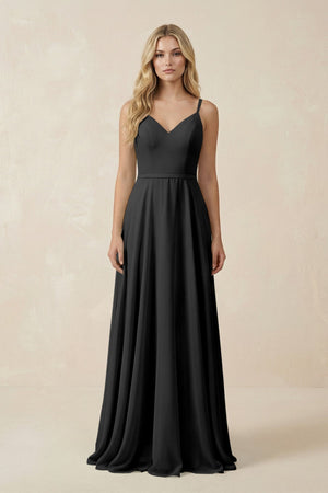 V - Neck A - Line Chiffon Bridesmaid Dress with Crisscross Back in Black - SHE IS ME Bridesmaid Dresses