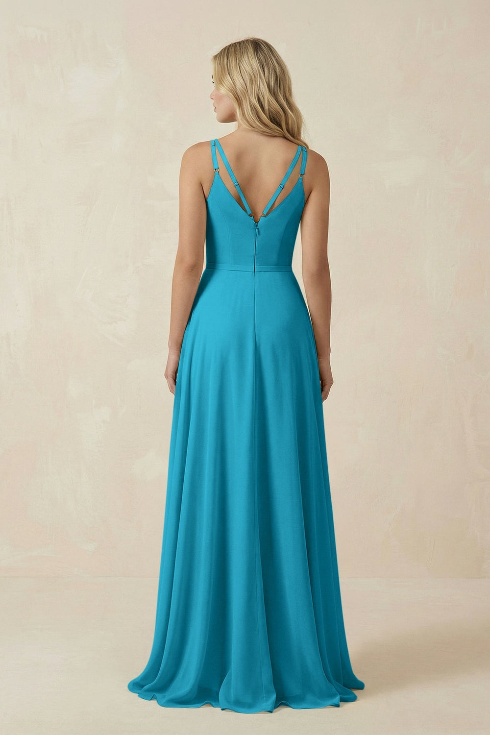 V - Neck A - Line Chiffon Bridesmaid Dress with Crisscross Back in Blue Jay - SHE IS ME Bridesmaid Dresses