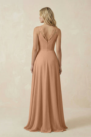 V - Neck A - Line Chiffon Bridesmaid Dress with Crisscross Back in Bronzer - SHE IS ME Bridesmaid Dresses