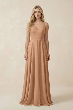 V - Neck A - Line Chiffon Bridesmaid Dress with Crisscross Back in Bronzer - SHE IS ME Bridesmaid Dresses