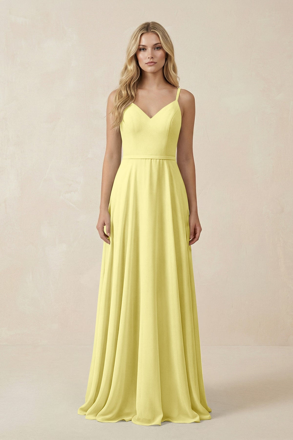 V - Neck A - Line Chiffon Bridesmaid Dress with Crisscross Back in Buttercup - SHE IS ME Bridesmaid Dresses