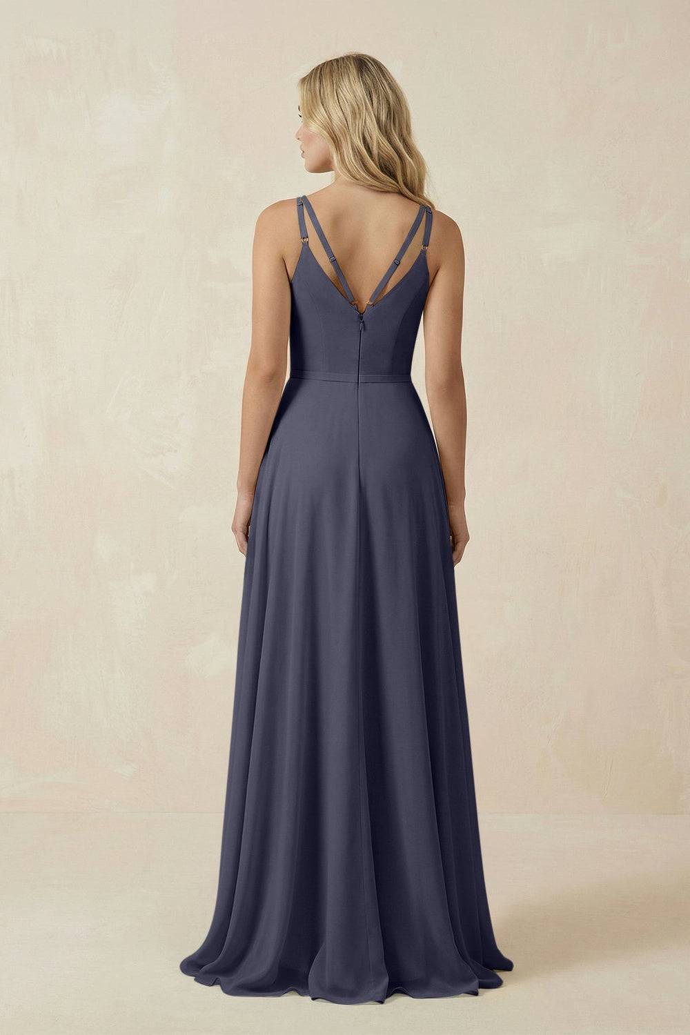 V - Neck A - Line Chiffon Bridesmaid Dress with Crisscross Back in Dusk Blue - SHE IS ME Bridesmaid Dresses