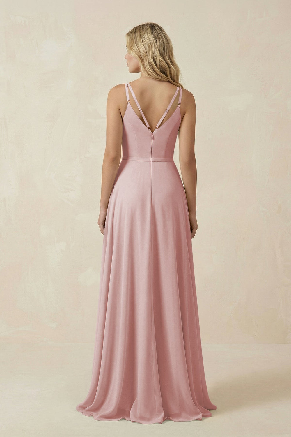 V - Neck A - Line Chiffon Bridesmaid Dress with Crisscross Back in Dusty Rose - SHE IS ME Bridesmaid Dresses