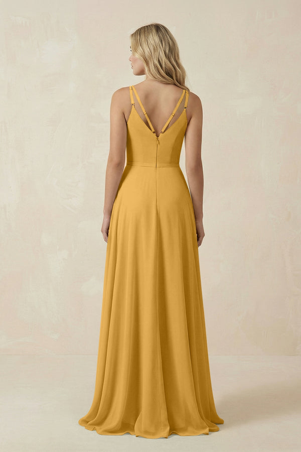 V - Neck A - Line Chiffon Bridesmaid Dress with Crisscross Back in Marigold - SHE IS ME Bridesmaid Dresses