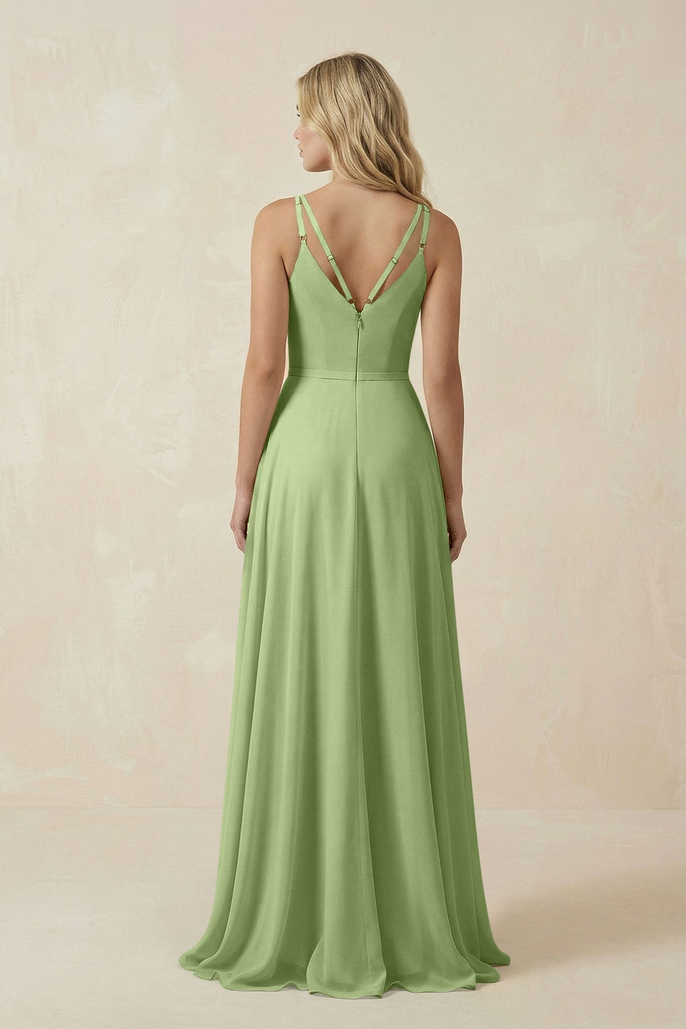 V - Neck A - Line Chiffon Bridesmaid Dress with Crisscross Back in Matcha - SHE IS ME Bridesmaid Dresses