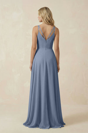 V - Neck A - Line Chiffon Bridesmaid Dress with Crisscross Back in Neptune - SHE IS ME Bridesmaid Dresses