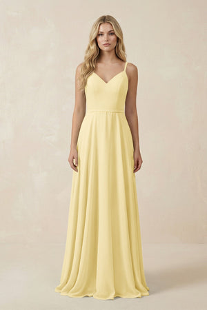 V - Neck A - Line Chiffon Bridesmaid Dress with Crisscross Back in Pastel Yellow - SHE IS ME Bridesmaid Dresses