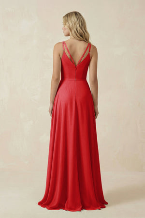 V - Neck A - Line Chiffon Bridesmaid Dress with Crisscross Back in Ruby Red - SHE IS ME Bridesmaid Dresses