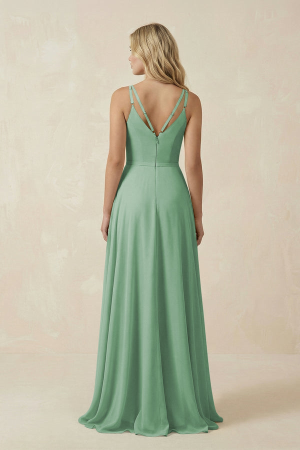 V - Neck A - Line Chiffon Bridesmaid Dress with Crisscross Back in Sea Glass - SHE IS ME Bridesmaid Dresses